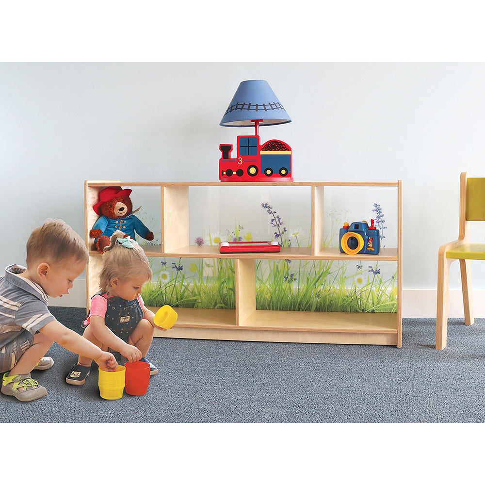 Nature View 24-inch Tall Toddler Storage Cabinet | Acrylic Back with Nature Scene & Safe Rounded Edges