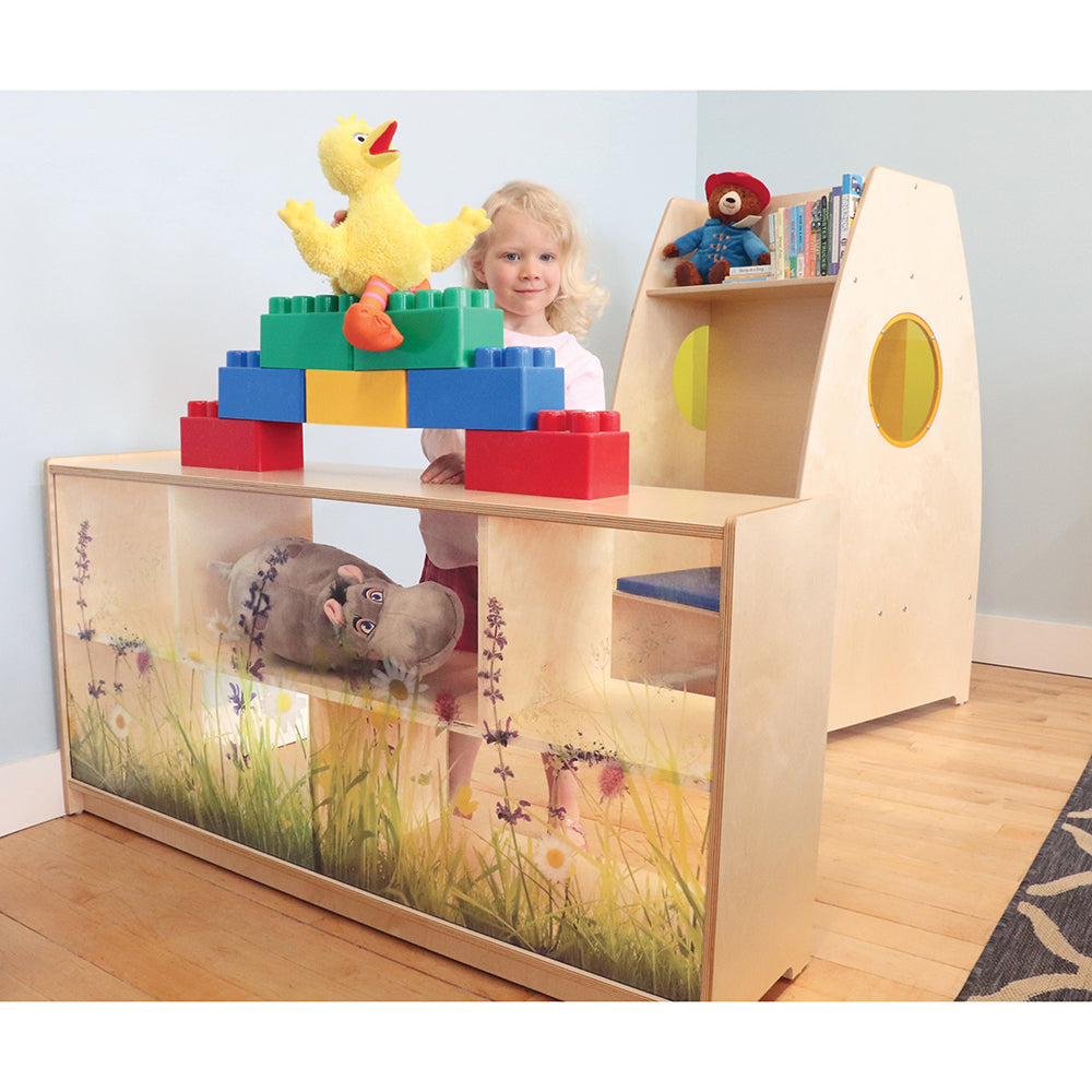 Nature View 24-inch Tall Toddler Storage Cabinet | Acrylic Back with Nature Scene & Safe Rounded Edges