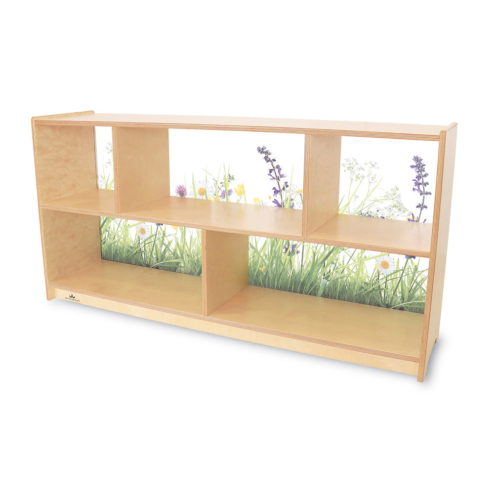Nature View 24-inch Tall Toddler Storage Cabinet | Acrylic Back with Nature Scene & Safe Rounded Edges