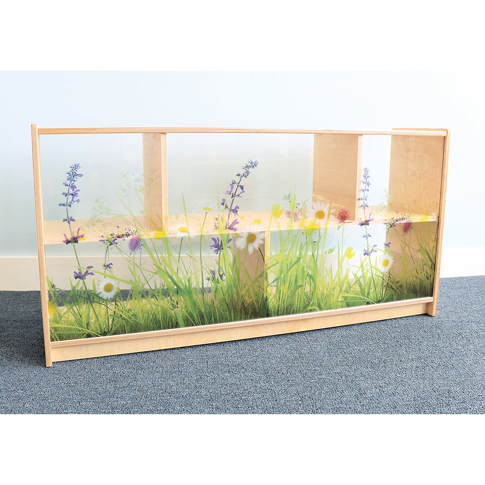 Nature View 24-inch Tall Toddler Storage Cabinet | Acrylic Back with Nature Scene & Safe Rounded Edges