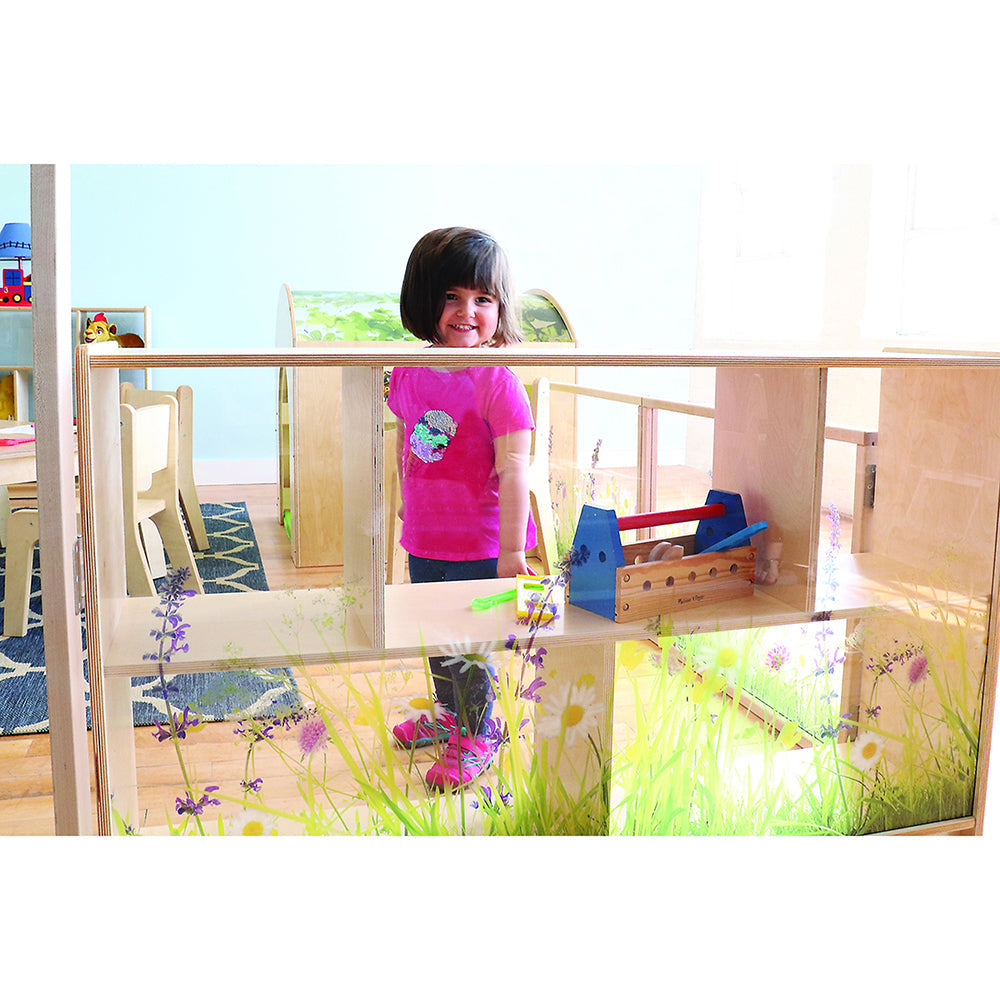 Nature View 30-inch Tall Toddler Storage Cabinet | Acrylic Back with Nature Scene & Safe Rounded Edges