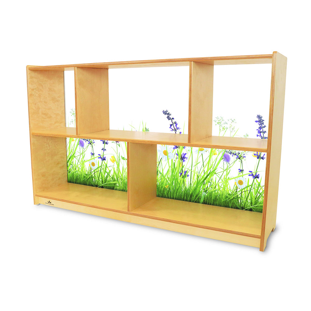 Nature View 30-inch Tall Toddler Storage Cabinet | Acrylic Back with Nature Scene & Safe Rounded Edges