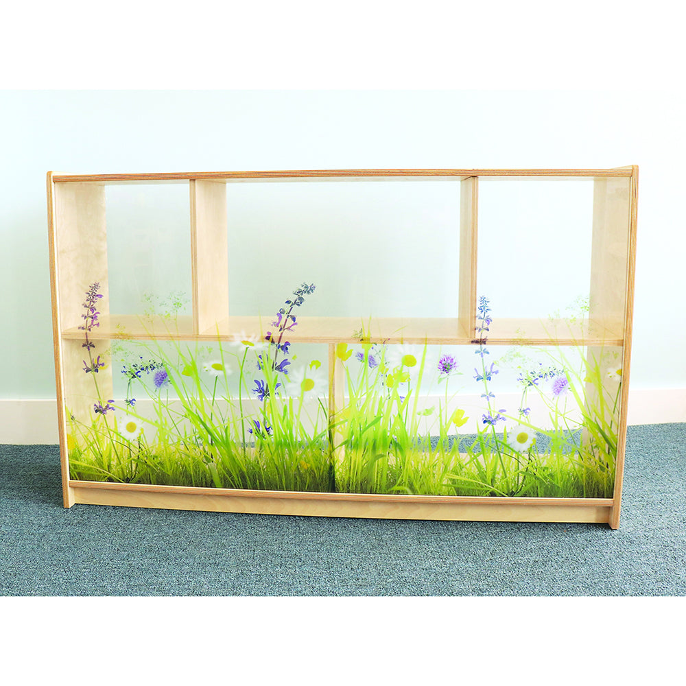 Nature View 30-inch Tall Toddler Storage Cabinet | Acrylic Back with Nature Scene & Safe Rounded Edges