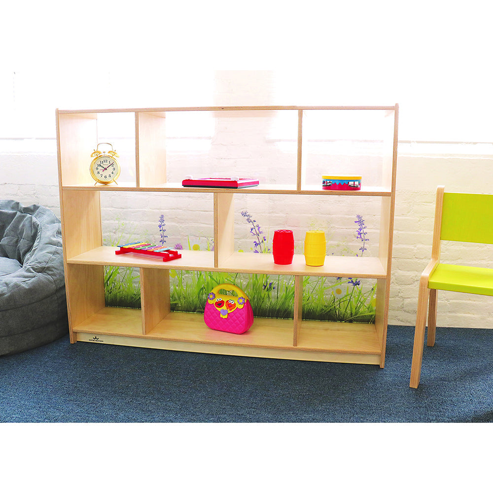 Nature View 36-inch Tall Classroom Storage Cabinet | Acrylic Back with Nature Scene & Safe Rounded Edges