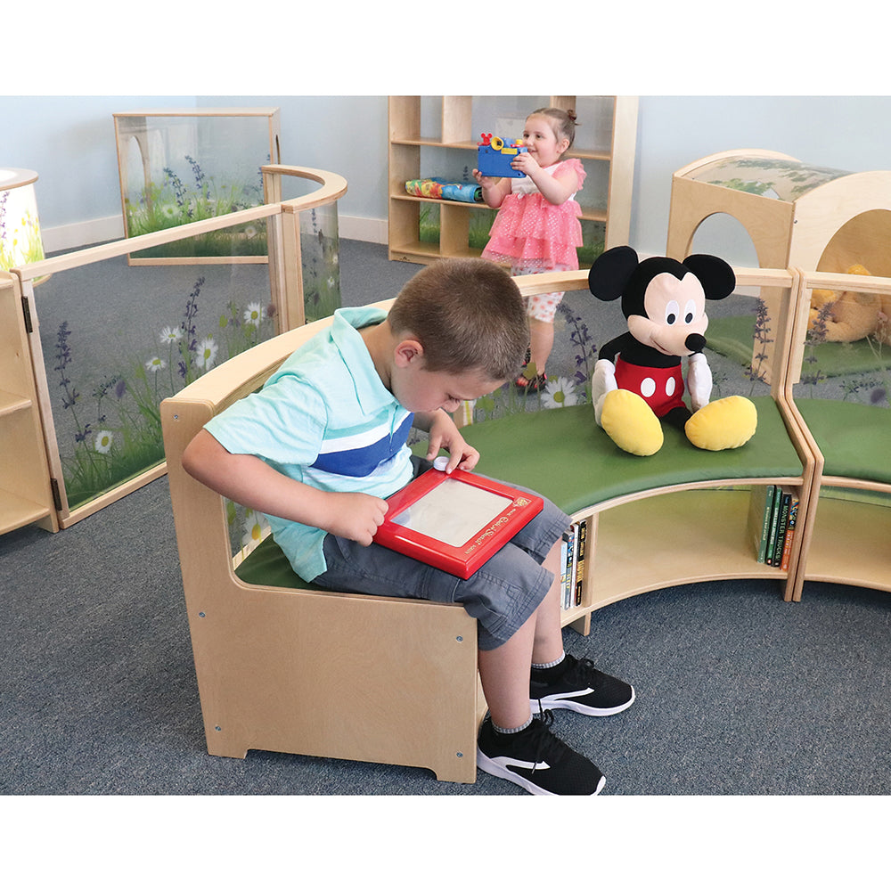 Nature View Curve-Out Reading Sofa with Book Storage | Flexible Biophilic Classroom Seating