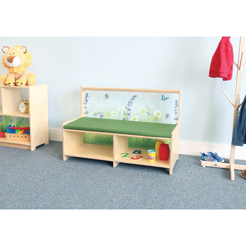 Nature View Straight Reading Sofa with Book Storage | Biophilic Modular Classroom Seating