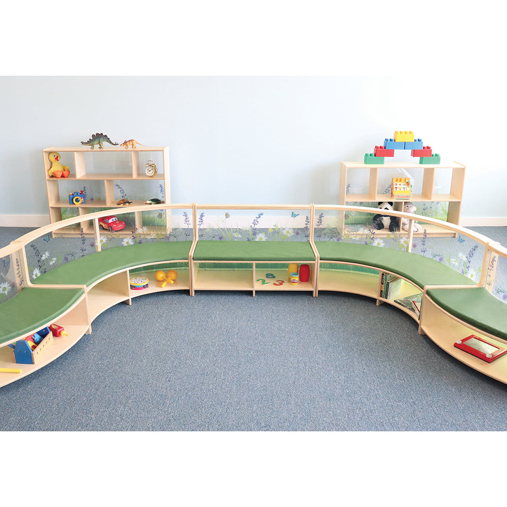 Nature View Straight Reading Sofa with Book Storage | Biophilic Modular Classroom Seating
