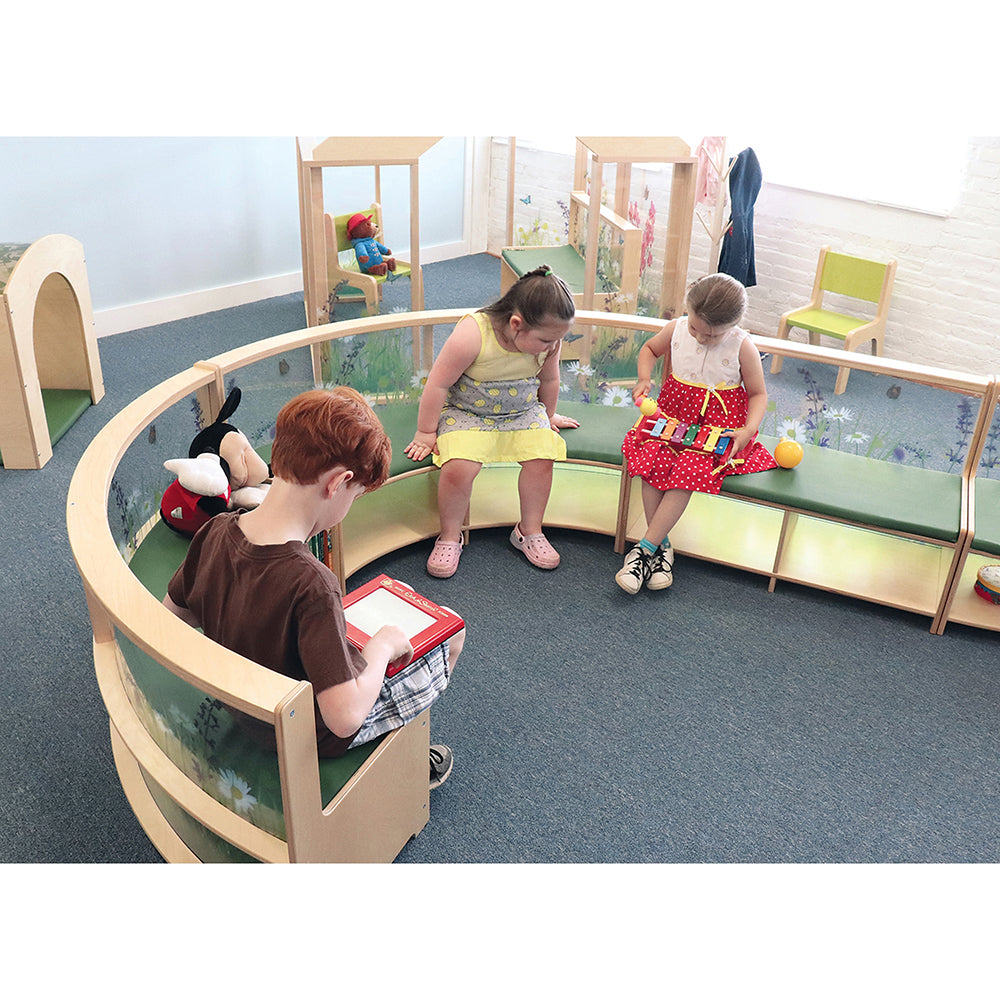 Nature View Straight Reading Sofa with Book Storage | Biophilic Modular Classroom Seating