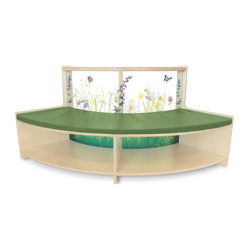 Nature View Curve-In Reading Sofa with Book Storage | Flexible Biophilic Seating